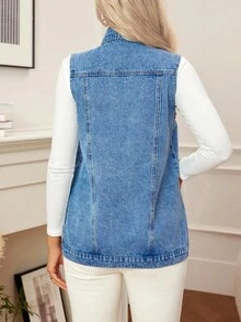 SHEIN Pregnant Women's Single-Breasted Casual Denim Vest With Pockets - Blue - View 2