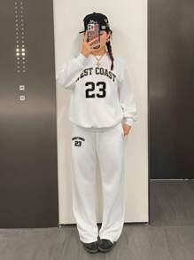 SHEIN Teenager Girls' Casual Comfortable Loose Fit Letter Graphic Crewneck Sweatshirt And Pants 2 Piece Set