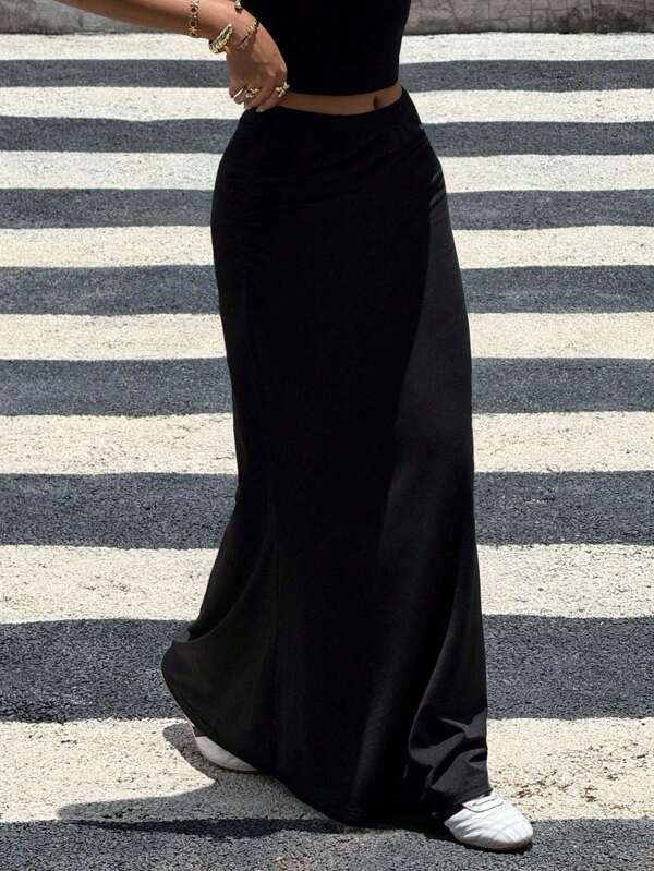SHEIN Everyday Casual Teen Girls Long Black Polyester Mermaid Skirt With Straight Hemline