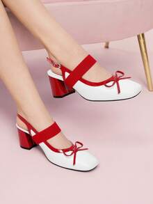 CUCCOO DOLLMOD 法式玛丽珍露背时尚优雅通勤撞色格子面料高端女士粗跟高跟鞋 - 紅白色 - 查看 3