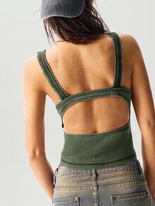 Bohemela Áo ba lỗ dáng croptop cổ chữ V dệt kim trơn màu phong cách du lịch thường ngày dành cho nữ, mùa hè - Màu xanh Ô liu - Xem 5