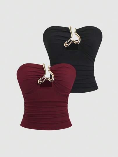 Sweetra 女士 Y2K 性感抹胸上衣，褶皱设计，百搭