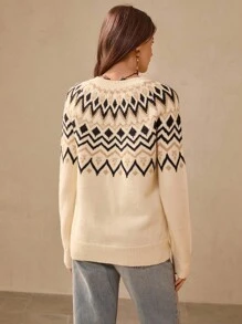 Casual Crew Neck Long Sleeve Basic Sweater With American Country Fair Isle Pattern, Beige, Autumn/Winter Women Sweaters Pullover For Women Winter Women Western Wear Fair Isle Sweater 2000s Country Concert Western Wear Women Boho Country Going Out,Fall - Apricot - View 6