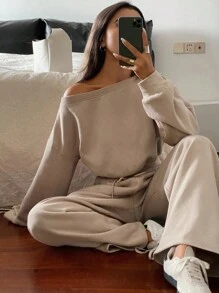 DAZY Women's Casual Off Shoulder Loose Sweatshirt And Wide-Leg Pants 2 Pieces Set, Autumn Lounge Sets For Women - Khaki - View 8