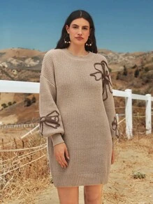 Freevana Plus Size Women Floral Embroidery Pattern Dropped Shoulder Loose Knit Sweater Dress, Casual Everyday Wear, Autumn/Winter Knit Dress Earth Tone Dress Autumn Dress Fall Clothes For Women Winter Clothes For Women Business Casual Woman Fall Clothes Plus Size Boho Rave Fairycore Office Autumn Festival Alt
