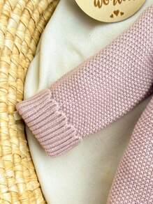 SHEIN Newborn Light Pink Knitted Bodysuit With Hat,Cute Autumn Raglan Long Sleeve Single-Breasted Sweater Crawling Suit With Three-Dimensional Bow For Baby - Multicolor - View 3