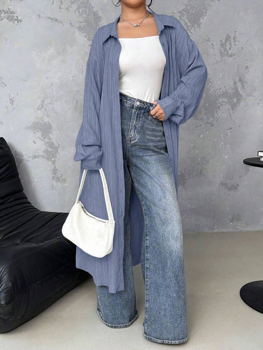 SHEIN LUNE Long Textured Casual Office Shirt Fall Cloth For Women - Dusty Blue - View 1