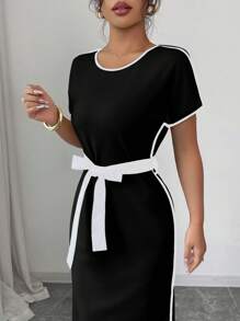 Rafferiza 圆领短袖T恤连衣裙，系腰，修身通勤连衣裙 - 黑色 - 查看 3