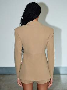 KIZN 女士专业长袖定制西装外套办公室商务正式工作夹克，带纽扣前开襟垫肩西装 - 棕色 - 查看 2