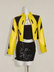 SHEIN ICON 女士秋冬街头时尚机车风黄色和黑色撞色宽松短款黄色夹克 Y2k 赛车女式摩托车 - 黃色 - 查看 10