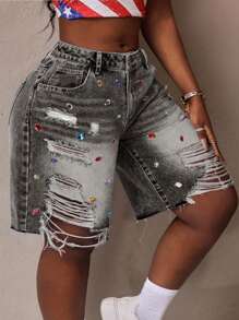 Slaydiva Plus Size Women Distressed Denim Shorts With Pockets And Rhinestone Decor - Dark Grey - View 2