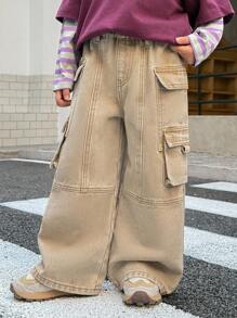 SHEIN Young Boys Fall/Winter Vintage Urban Street Cool Style Vintage Distressed Casual Basic Everyday Style Khaki Denim Multiple Pockets Split Design Loose Fit Cargo Pants,For Kids Fall/Winter Clothes,Boys Back-To-School Clothes,Boys Streetwear Outfits,Boys Homecoming Outfits