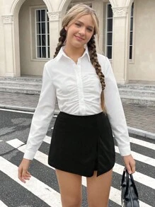 SHEIN Teen Girl Solid Ruched Button Front Shirt - White - View 4