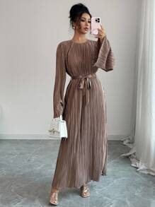 Elenzga Standard Size Women's Elegant Midi Dress With Flared Sleeves, Pleated Waist Tie Design Fall Cloth For Women