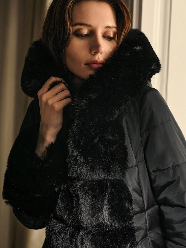 CONTRAST FAUX FUR HOODED WINTER COAT