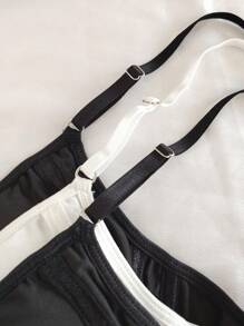 3 件套少女法式光滑面料，网眼衬里，柔软舒适轻盈棉质罩杯文胸，黑白相间，简约时尚基础款