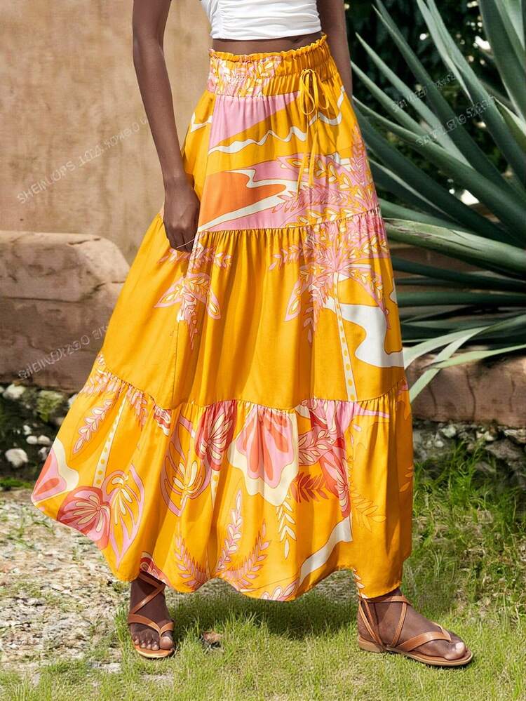 SHEIN Maija Damen lange Maxirock mit Blume Muster und Papiertütenform, Frühling, Sommer Boho Maxi Rock für Urlaub und Strand, Bohemian Stil für Damen