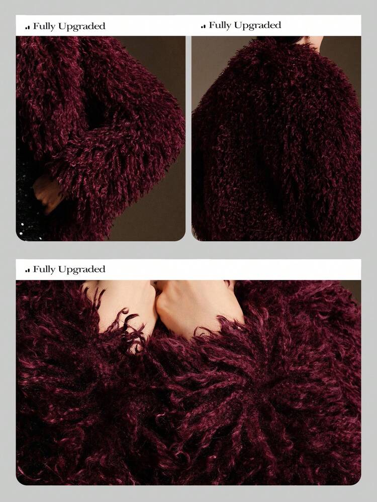 V-Neck Burgundy Fashionable Faux Wool Loose Short Women's Jacket, Suitable For Fall/Winter, Christmas, New Year, Party, Elegant, Luxury, Formal, Chic