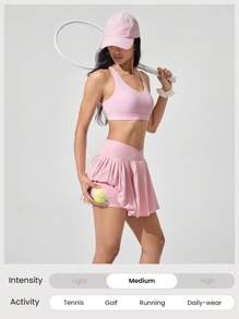 GLOWMODE Let's Play Sweat-Wicking Stretchy Mid-Rise Crossover Waist Pleated Tennis Skirt With Built-In Shorts Side Pockets Tennis Golf Daily - Bubblegum Pink - View 9