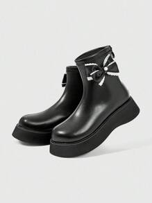 ROMWE Grunge Punk 2.0in Heel Lace Bow Round Toe Zipper Back Punk Style Leather Platform Ankle Boots, Casual Thick Sole Ankle Boots For Women - Black - View 4