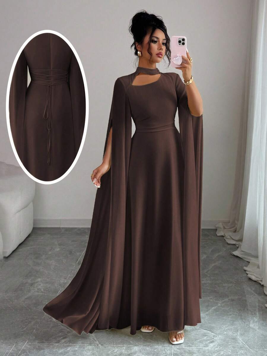 Elenzga 女士优雅法式浪漫度假风沙滩裙，雪纺透明面料，镂空领口，后背交叉系带，喇叭长裙，长袖，开衩袖口，适合下午茶、派对、中东风格、春夏季 - 棕色 - 查看 1