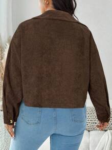 SHEIN LUNE 大尺碼秋冬純色極簡休閒長袖夾克外套 - 巧克力棕 - 查看 2
