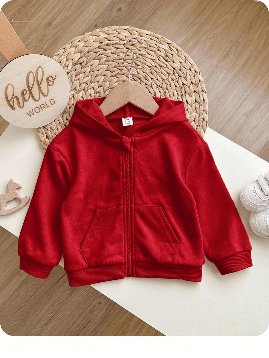 女婴长袖休闲日常纯色拉链卫衣,春秋季幼儿拉链卫衣红色抓绒外套拉链卫衣秋冬 - 紅色 - 查看 1