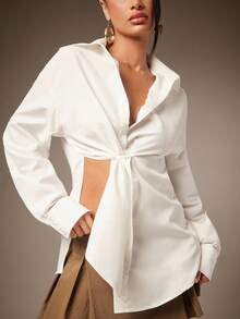 Hauture Camisa blanca larga y holgada con abertura lateral, básica y casual, fácil de usar y sexy - Albaricoque - Ver 1