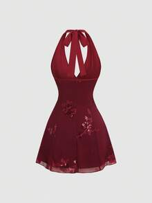 Sweetra 性感时尚夏季亮片装饰 V 领束腰紧身迷你连衣裙，清新绿色 - 紅色 - 查看 2