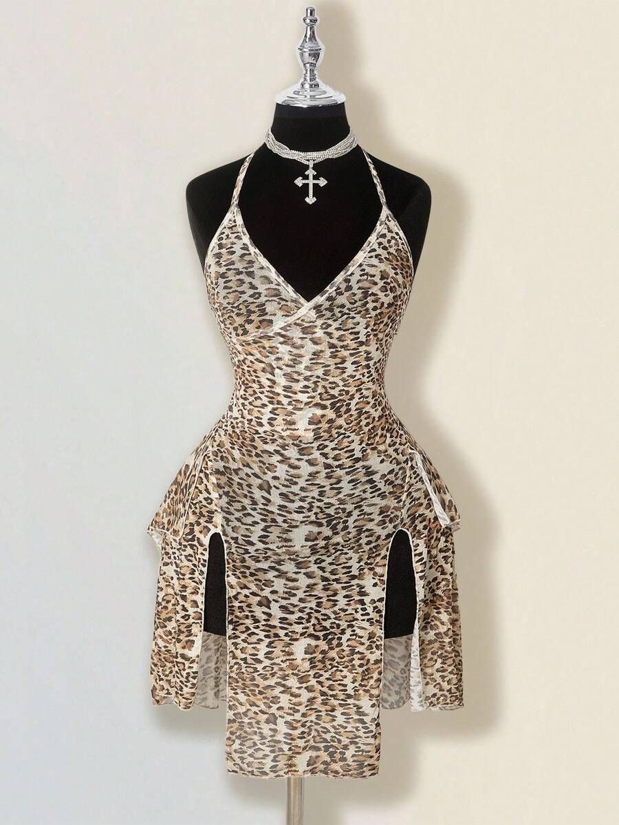SHEIN ICON Vestido corto de mujer con tirantes finos y abertura, con estampado de leopardo
