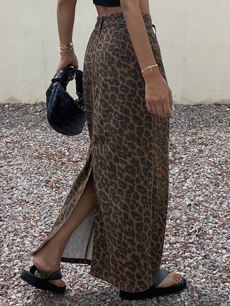 Casual Leopard Print Denim Skirt For Women, Autumn