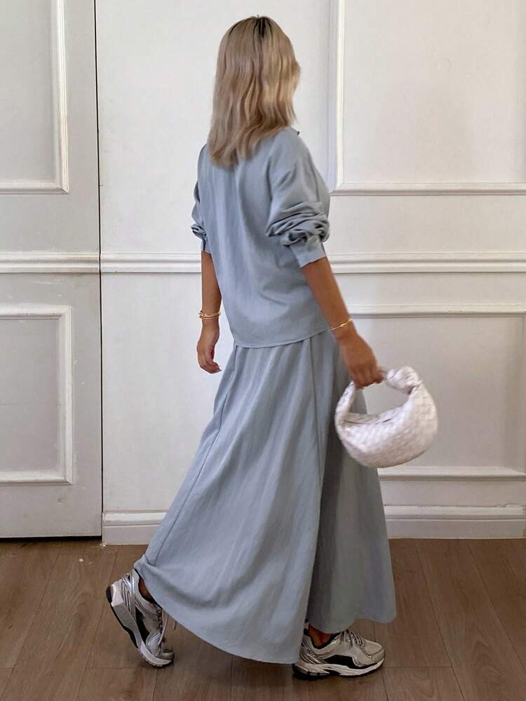 2pcs Women's Casual Solid Color Twist Knot Loose Shirt And Wide Leg Maxi Pants Set