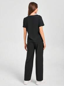 Scrubzie Bộ đồng phục quần áo và cổ áo màu tương phản, bộ đồ phẫu thuật đa năng - màu đen - Xem 2
