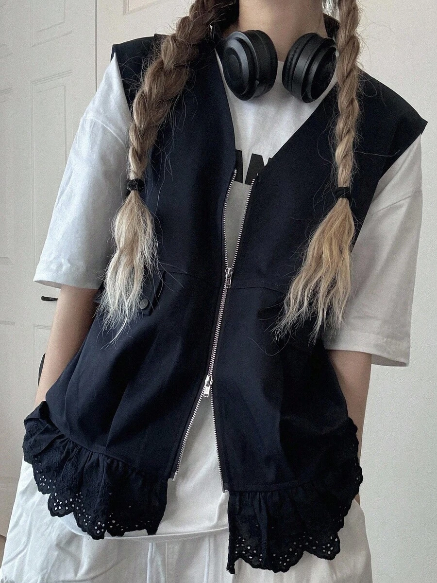 FRIFUL Veste sans manches décontractée pour femmes avec fermeture éclair et volant à l'ourlet, couleur unie