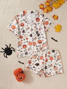 Women's New Halloween Print Button-Up Short Sleeve Shorts Pajama Set Halloween Pajama Pajama Short Set Summer Sleep Wear Sets - Multicolor - View 8