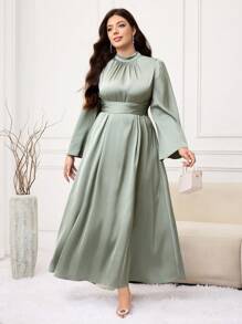 Modelyn Plus Size Women's Solid Color Stand Collar Flare Sleeve Ruched Elegant Dress - Green - View 3