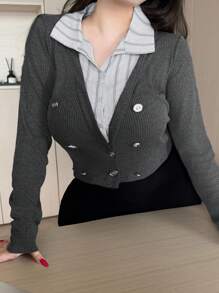 Dazy Plus Color Block Splicing Shirt Collar 2 In 1 Double-Breasted Decor Long Sleeve Business Casual Commuter Long Sleeve Plus Size Women T-Shirt Fall Tops - Dark Grey - View 11