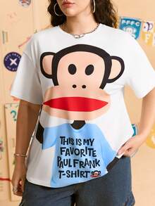 Paul Frank X SHEIN maglietta a maniche corte con scollo rotondo e stampa di scimmia, taglie comode - Bianco - Visualizzare 4