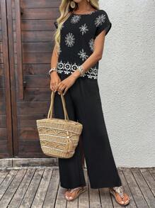 EMERY ROSE Damen Urlaubs-Lässig Geometrisches Muster Top und Hose 2 Stücke Set