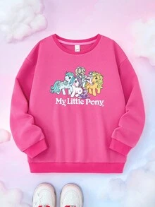 My Little Pony X SHEIN 青少年女孩卡通图案圆领长袖套头衫 - 玫紅色 - 查看 1