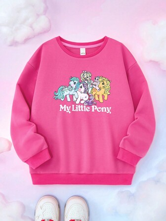 My Little Pony X SHEIN Tween Girl Cartoon Pattern Crew Neck Long Sleeve Pullover Sweatshirt