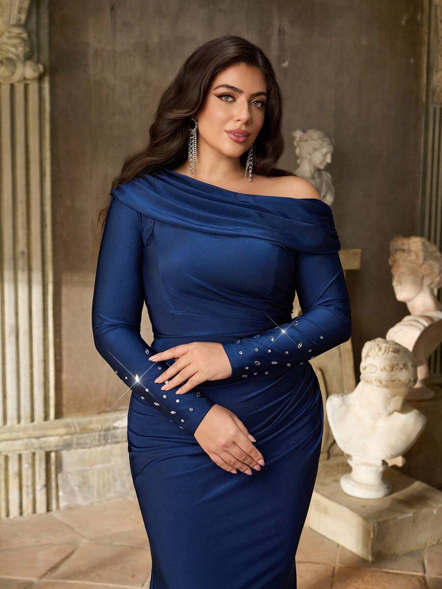 Aureia Plus Size Autumn And Winter Elegant And Gorgeous Dark Blue Asymmetrical Shoulder Long Sleeves With Hot Diamond Cuffs Design Pleated Slim Fishtail Hem With Train Suitable For Dinner Wedding Event Party Dance Date Holiday Evening Dress, Valentine's Day