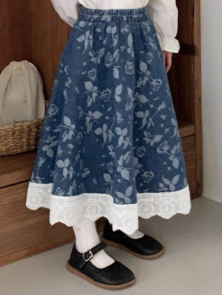 DAZY 小女孩的碎花牛仔裙度假 - 中等水洗藍 - 查看 1