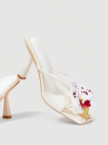 SheIn MOD Sandalias de tacón alto con puntera cuadrada y estampado floral para uso diario - Blanco - Ver 2