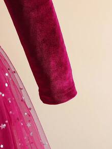 Young Girls Fashion Elegant Burgundy Star Sequin Mesh Tulle Dress, Jewel Neck, Long Sleeve, Bowknot Princess Party Dress, Spring/Autumn Burgundy Velvet Dress For Girls Girls Party Dress Long Sleeve Girls Dress Fall Winter  Princess  Halloween/Christmas Party Dresses For  Vacation  Autumn And Winter