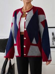 SHEIN Cottnline كارديجان بيان ريترو بوب ذو زاوية جريئة من الكشمير المنسوج بألوان متناقضة مع أزرار - متعدد الألوان - مشاهدة 6