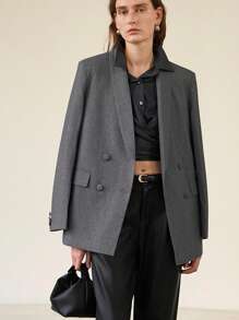 Uhlyne Uhlyne Blazer de manga larga con bolsillos, cuello de chal, mezcla de lana TR para otoño/invierno - Gris - Ver 10