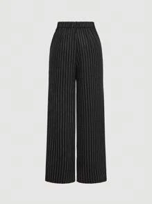 SHEIN MOD V-Neck Sleeveless Side Tie Waist Straight Pants Black Striped Suit Set,Early Autumn Outfit Back To School Preppy Tops 2pcs Set Khaki Pants Old Money Style,Business Casual Women,Office Wear Women Set.Striped Black Set,Professional Clothes - Black - View 6