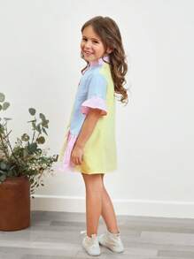 SHEIN Young Girl Striped Print Colorblock Flounce Sleeve Ruffle Hem Smock Dress