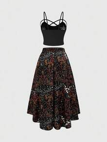 ROMWE 2pcs/Set Plus Size Women's Vacation Gothic Floral Print Camisole Top And Elastic Waist Midi Skirt - Orange - View 2